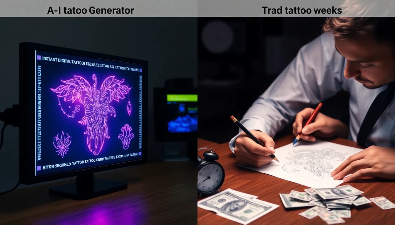 AI Tattoo Generator vs Commissioning a Custom Sketch - comparing AI tattoo generation speed, cost, and quality